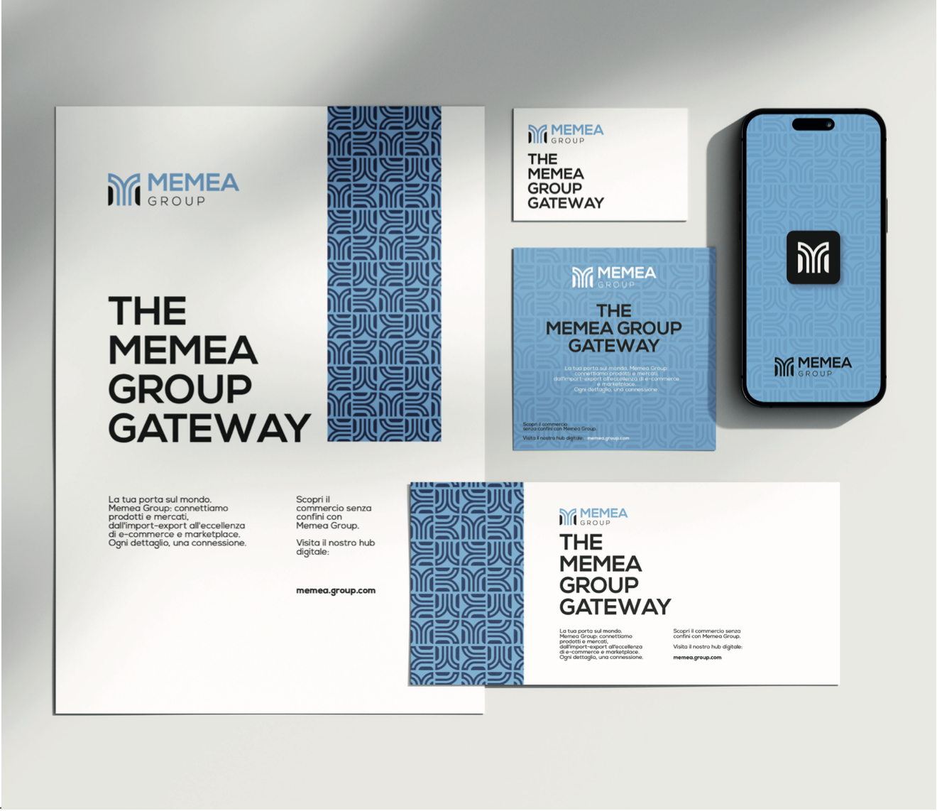 Coordinato grafico MEMEA Group: brochure, packaging e app