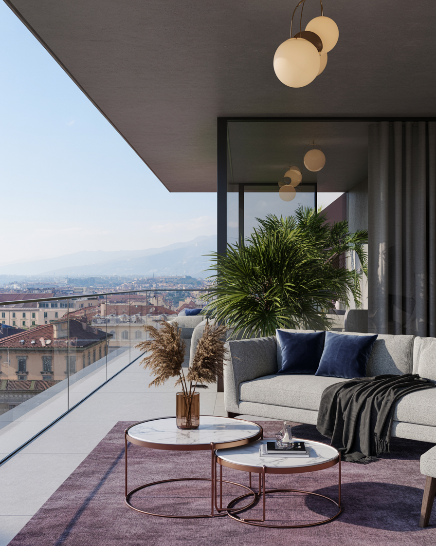 Render di un terrazzo arredato con vista sulla città