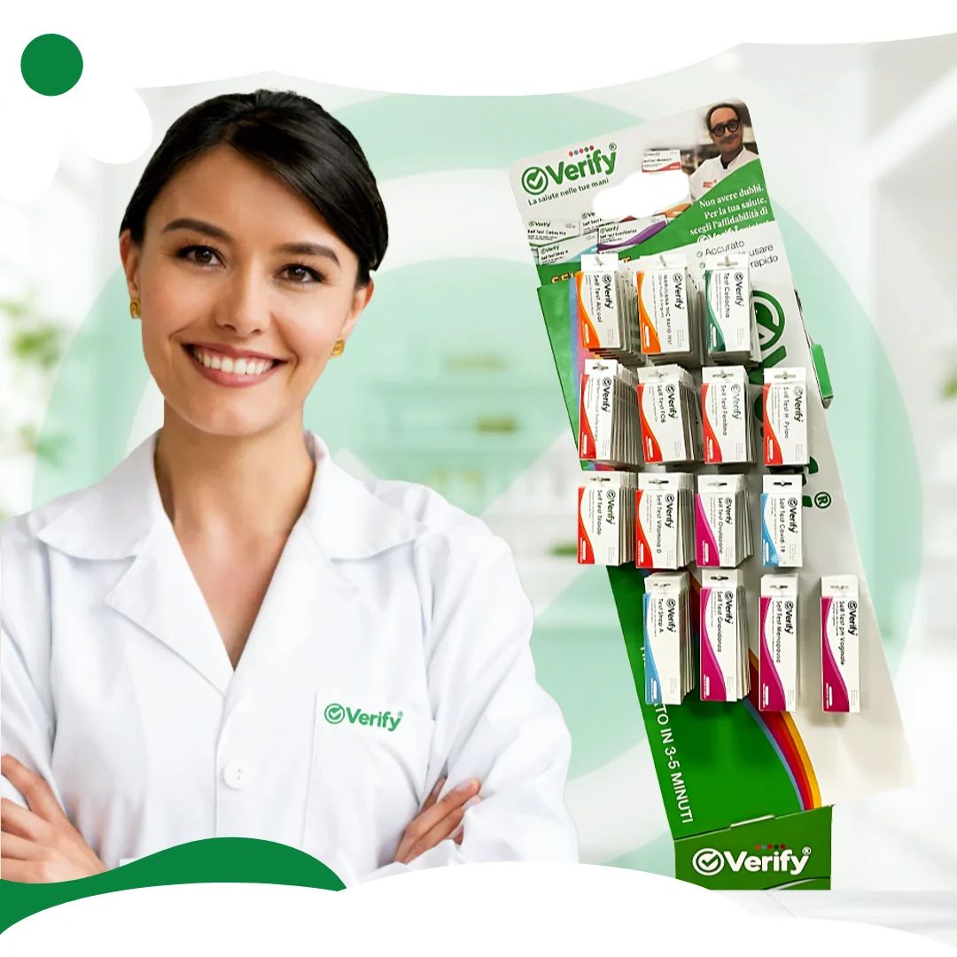 Espositore Verify in farmacia con la gamma di self test